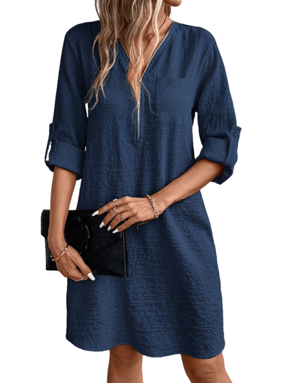 Spring And Summer Women's Casual Solid Color Modest Half Zipper V-Neck Long Sleeved Midi Dress, Valentine's Day/Beach Vacation/Daily Commuting/Party Outfits