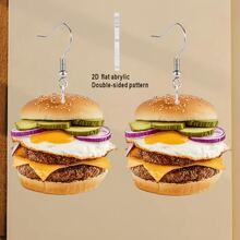 1 Pair 2D Flat Fashionable Acrylic Hamburger Earrings, Unique Personalized Charm, Daily Wear & Party, There May Be Color Differences Due To Lighting During Photography.