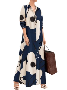 Spring And Summer Women's Lapel Floral Print Long Sleeve Maxi Shirt Dress,Vacation Beach Outfits - 藍色 - 查看 2