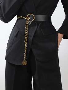 1pc Elegant Leather Belt & Pendant Combination, Fashion Waist Chain, Street Style, Evening Dress Belt, Party, Mother's Day Gift - Black - View 2