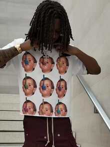 Y2K Style Directional Printing (220g Pure Cotton T-Shirt) Cotton T-Shirt - Soft, Breathable, 100% Pure Cotton Fabric - Comfortable And Energetic Summer Street Style Short Sleeved T-Shirt, Cool Design Retro Summer Men's Daily Wear T-Shirt - 白色 - 查看 1