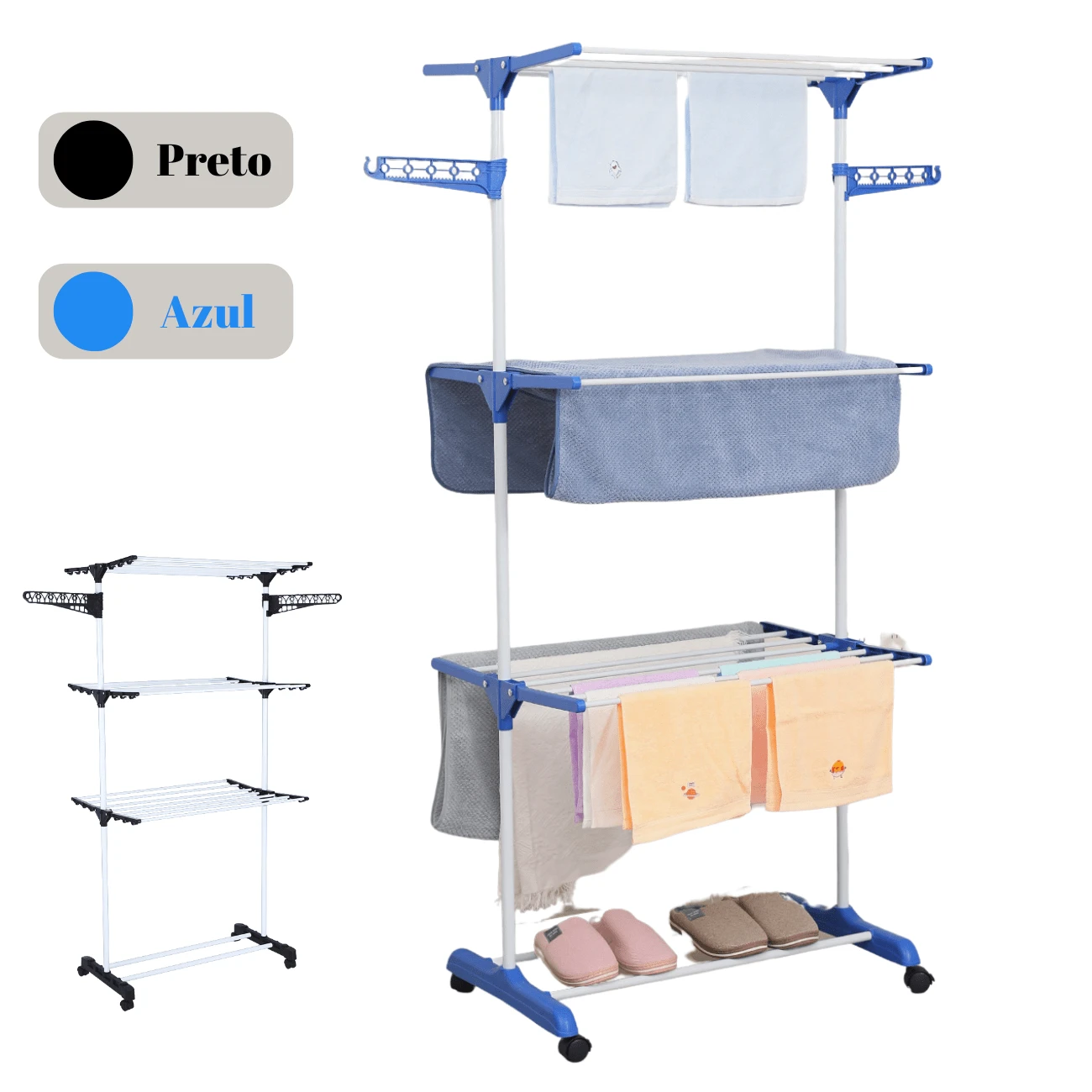 Varal De Chão 3 Andares Dobrável Vertical Retrátil Aço 4 Rodas Azul - Azul - Visão 1
