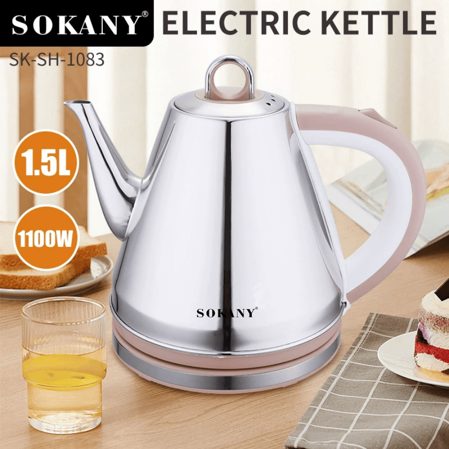 SOKANY SOKANY-1083 Elektrischer Wasserkocher, Großer Kapazität 1,5L Edelstahl Elektrischer Wasserkocher, Schnelles Kochen, Automatische Abschaltung, Verbrühungsschutz, Trockengehschutz, Sicher und zuverlässig, sehr geeignet für Zuhause, Büro, Wohnheim und Wohnmobil