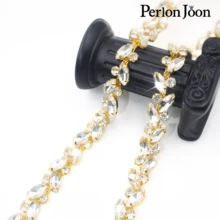 Perlon Joon 1 Yard Lá Thủy Tinh Sạch Pha Lê Chuỗi Rhinestone Trim Plat Bạc Pha Lê Chuỗi Trang Trí Váy Cưới Phụ Kiện - Vàng - Xem 3