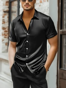 NITAGUT 男士轻盈透气休闲纯色缎面短袖衬衫，夏季 - 黑色 - 查看 5