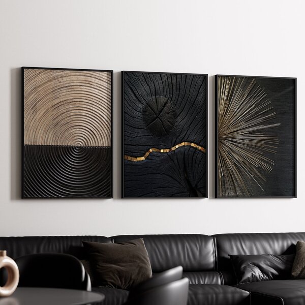 Juego de 3 obras de arte de pared sin marco modernas de árbol de anillos en espiral de color negro, dorado y marrón con textura, pósteres de lienzo natural, pintura artística como regalo, cuadros para decoración de sala de estar, dormitorio, comedor, pasillo, hogar y dormitorio