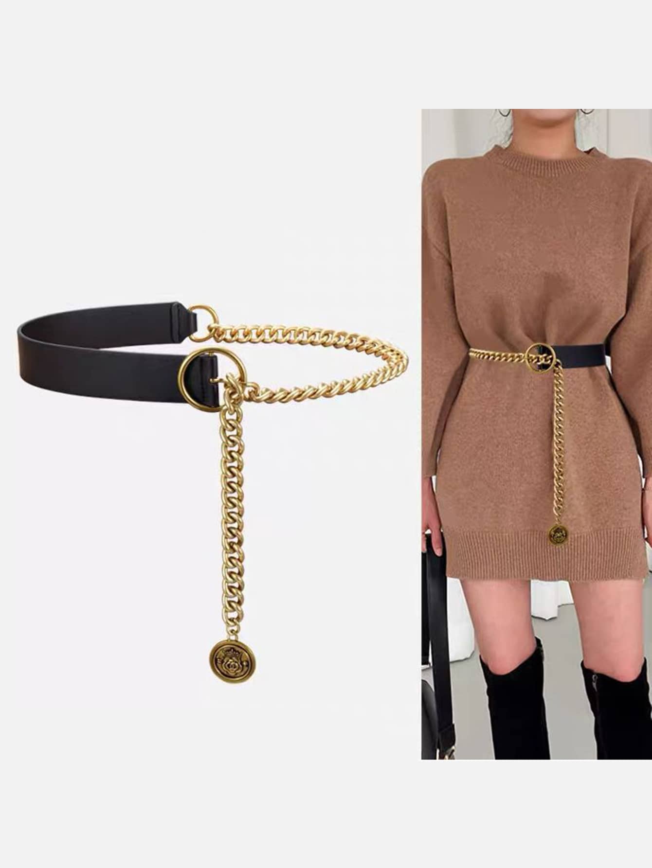 1pc Elegant Leather Belt & Pendant Combination, Fashion Waist Chain, Street Style, Evening Dress Belt, Party, Mother's Day Gift - Black - View 1