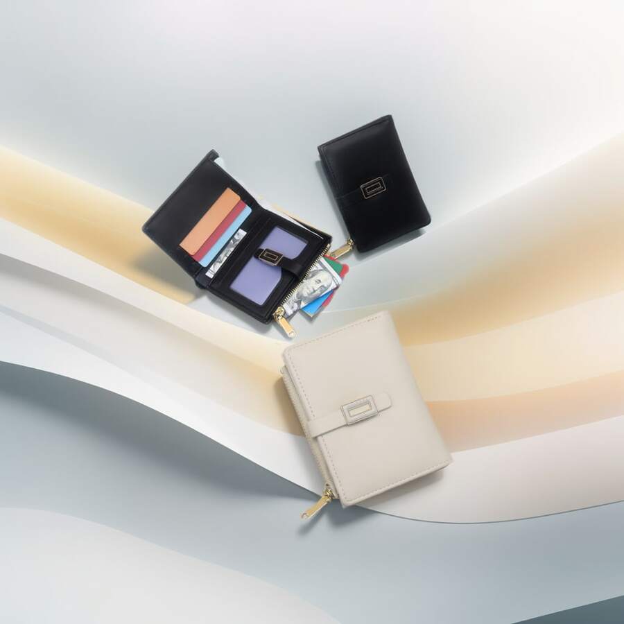 Fashionable Textured Striped Bifold Multi-Card Slots Zipper Side Compartment Multifunctional Compact Women Wallet For Women Wallet Mini Wallet Purse Wallet Small Wallet - Beige - View 1