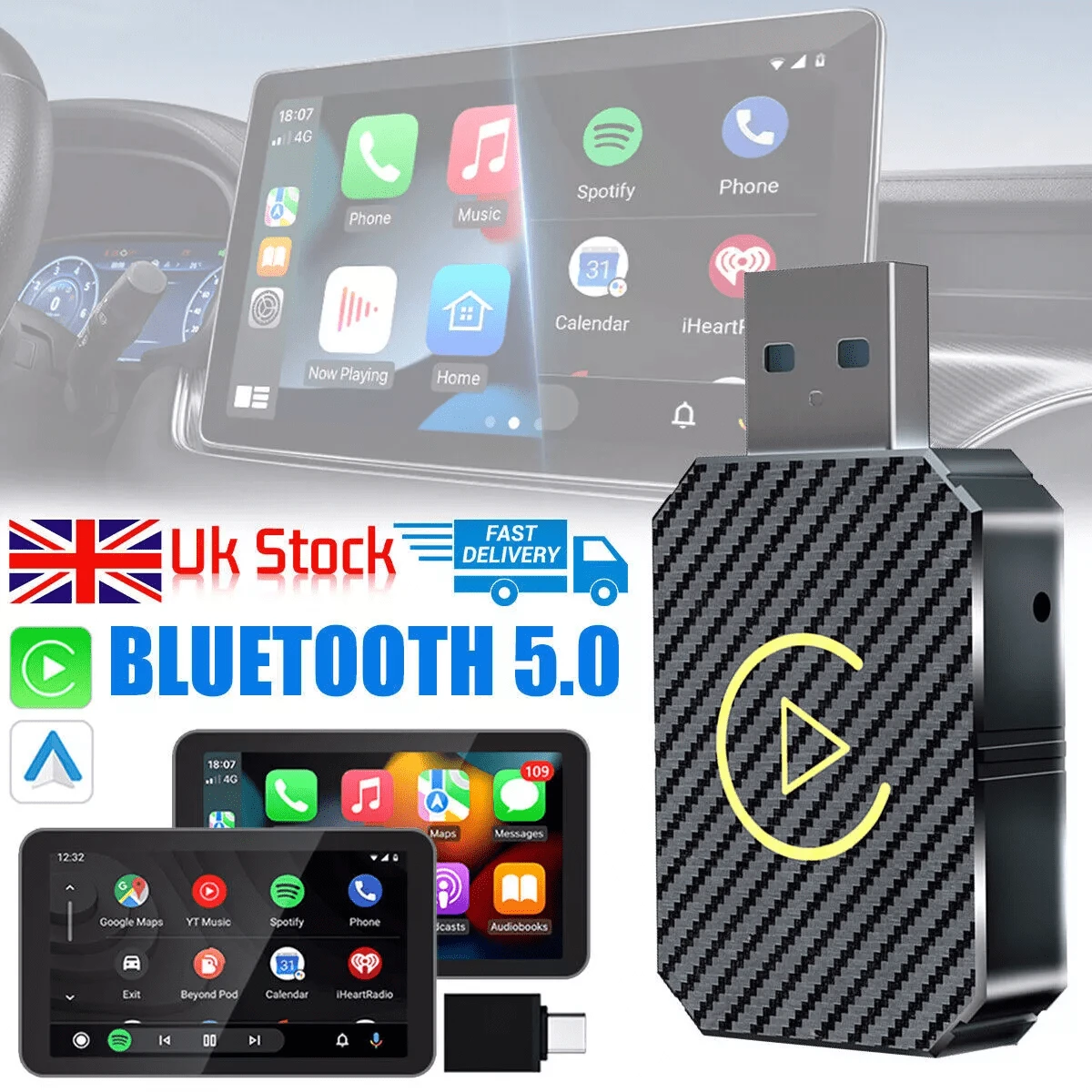 USB Wireless Car Play Adapter For Apple Android Carplay Dongle Plug&Play - Black - View 1