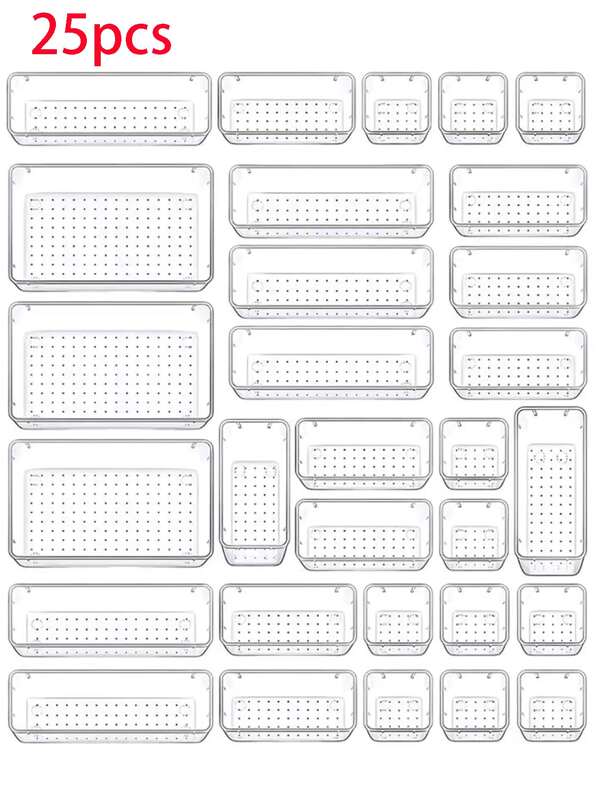 1/4/9/25Pcs Clear Plastic Drawer Organizers Set, 4-Size Versatile Bathroom And Vanity Drawer Organizer Trays, Storage Bins For Makeup, Bedroom, Kitchen Gadgets Utensils And Office, Back To School