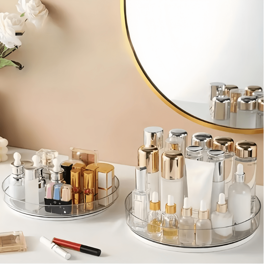 1pc 360° Rotating Clear Plastic Tray, Suitable For Makeup, Bathroom & Kitchen Organization