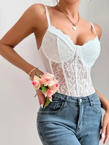 浪漫蕾丝边紧身露背连体裤，修身性感 - 白色 - 查看 3