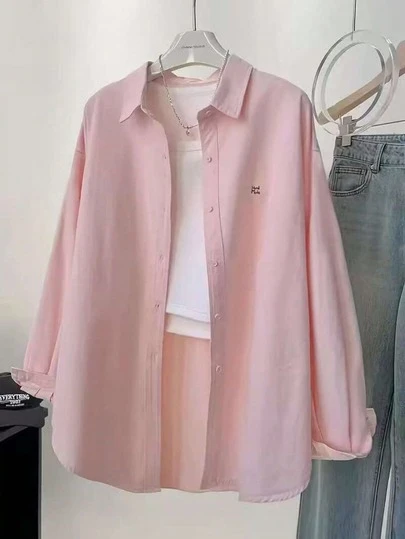 大码女式秋季字母刺绣长袖单排扣休闲衬衫