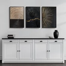 Juego de 3 obras de arte de pared sin marco modernas de árbol de anillos en espiral de color negro, dorado y marrón con textura, pósteres de lienzo natural, pintura artística como regalo, cuadros para decoración de sala de estar, dormitorio, comedor, pasillo, hogar y dormitorio