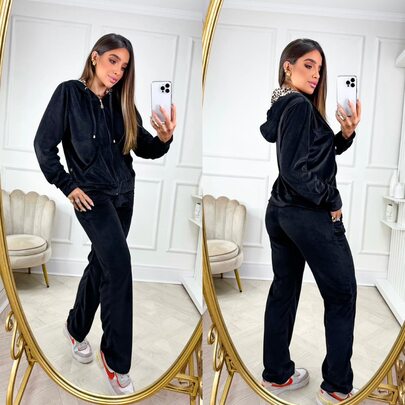 Conjunto de Plush Com Capuz Feminino Casaco e Calça