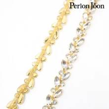 Perlon Joon 1 Yard Lá Thủy Tinh Sạch Pha Lê Chuỗi Rhinestone Trim Plat Bạc Pha Lê Chuỗi Trang Trí Váy Cưới Phụ Kiện - Vàng - Xem 5