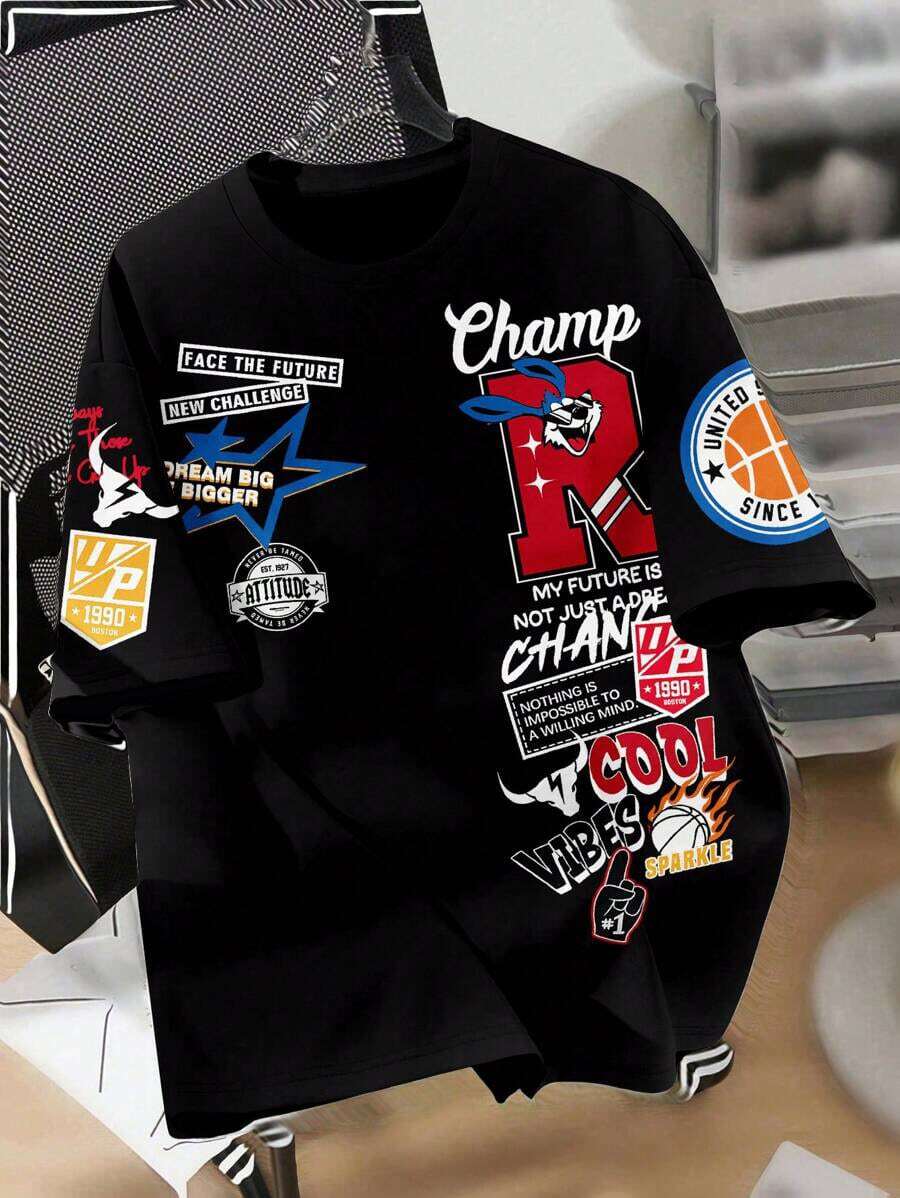 Men's 100% Cotton Champion Chicago Basketball United States T-Shirt Ready For Delivery Comfortable Streetwear - 黑色 - 查看 1