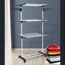 3-Tier Floor Clothesline Foldable Vertical Retractable Steel 4 Wheels Black - 黑色 - 查看 5