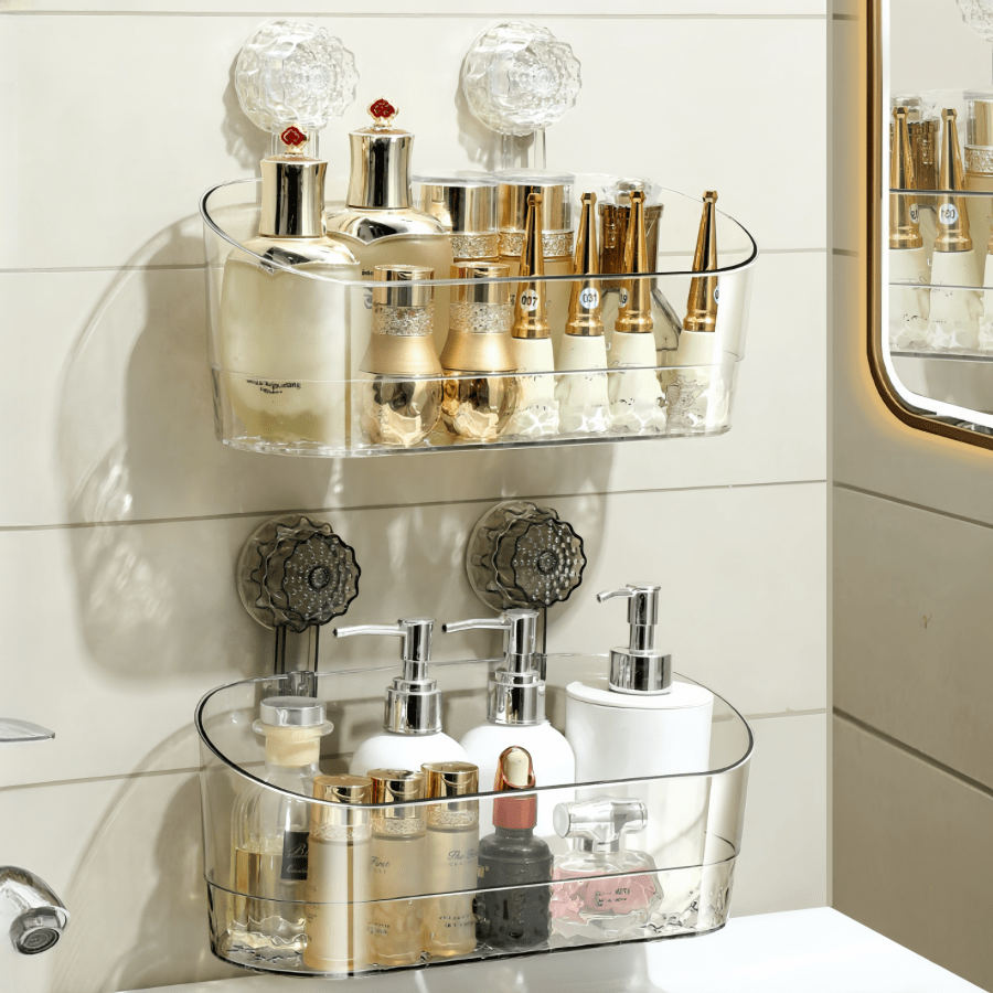 1pc Large Capacity Transparent Suction Cup Storage Rack, Oval Plastic Bathroom Organizer Shelf, Multi-Function Shower Gel Hanging Basket, Suitable For Cosmetics, Kitchen, Living Room Storage