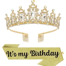 2 件套生日绶带丝带这是我的生日皇冠头饰水钻生日头饰生日绶带带别针生日快乐皇冠和绶带丝带用于生日派对舞会装饰新娘头饰