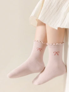 6 双混色儿童袜子，带蕾丝和蝴蝶结设计，百搭女童宝宝中筒袜，适合四季日常穿着 - 彩色 - 查看 4