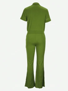 Set casual da due pezzi con colletto a lupetto, tasche e cerniere, colore verde