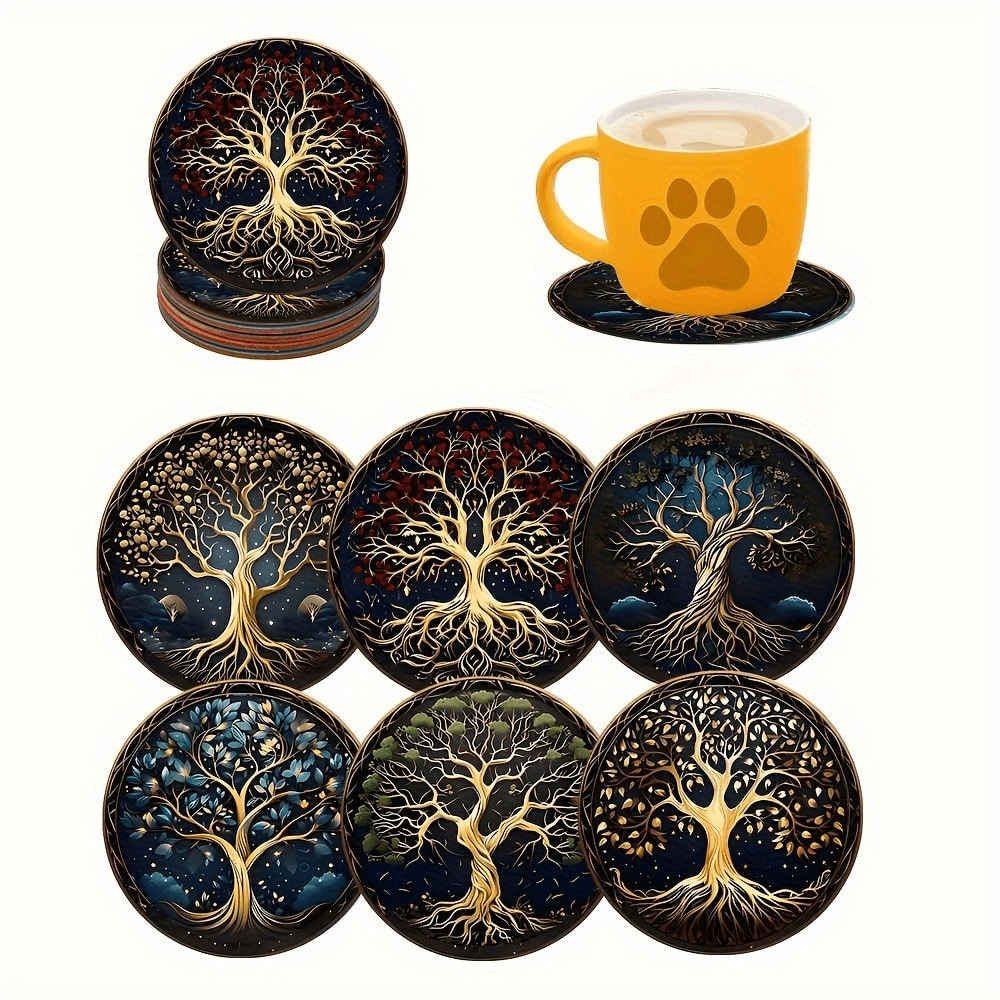 8/6pcs Set Tree Of Life Wooden Coasters - Heat Resistant, Suitable For Beverages, Coffee, Office, Kitchen And Dining Table, Vivid Colors, Great Gift Choice For Holidays. Heat Resistant, Perfect For Coffee Cups, Tea Cups, Home And Cafe/Restaurant Decor