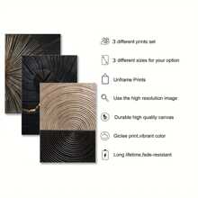Juego de 3 obras de arte de pared sin marco modernas de árbol de anillos en espiral de color negro, dorado y marrón con textura, pósteres de lienzo natural, pintura artística como regalo, cuadros para decoración de sala de estar, dormitorio, comedor, pasillo, hogar y dormitorio