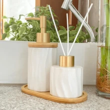 Bathroom Set With Bamboo Tray, Room Freshener, Liquid Soap Dispenser 375 - White - View 2