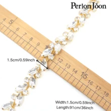 Perlon Joon 1 Yard Lá Thủy Tinh Sạch Pha Lê Chuỗi Rhinestone Trim Plat Bạc Pha Lê Chuỗi Trang Trí Váy Cưới Phụ Kiện - Vàng - Xem 2