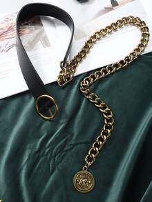 1pc Elegant Leather Belt & Pendant Combination, Fashion Waist Chain, Street Style, Evening Dress Belt, Party, Mother's Day Gift - Black - View 5