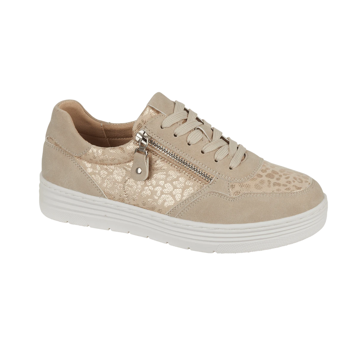 Ladies' Two-Tone Leopard Print Trainers With Zip & Lace Detail - Beige - View 1