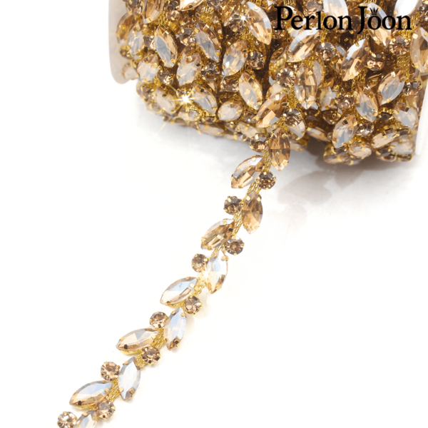 Perlon Joon 1 yarda Cadena de  de decoración de vestido de boda con adorno de hojas y cristales rhinestone, acabado plateado