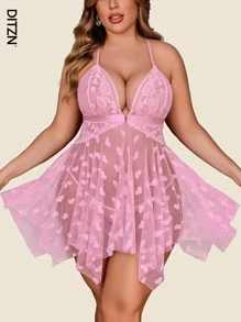 DITZN Plus Size Women's One-Piece See-Through Erotic Sexy Lingerie Front Button Dress Split Lace Pajamas Summer Breathable Pajamas (Free Thong)