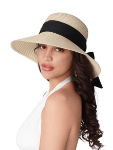 女士草帽宽边软边沙滩帽可调节太阳帽女士 UPF 50+ 情人节 - A - 查看 3