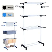 3-Tier Floor Clothesline Foldable Vertical Retractable Steel 4 Wheels Black - 黑色 - 查看 1