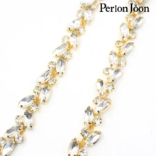Perlon Joon 1 Yard Lá Thủy Tinh Sạch Pha Lê Chuỗi Rhinestone Trim Plat Bạc Pha Lê Chuỗi Trang Trí Váy Cưới Phụ Kiện - Vàng - Xem 4
