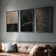 Juego de 3 obras de arte de pared sin marco modernas de árbol de anillos en espiral de color negro, dorado y marrón con textura, pósteres de lienzo natural, pintura artística como regalo, cuadros para decoración de sala de estar, dormitorio, comedor, pasillo, hogar y dormitorio