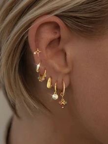 6 件/套优雅彩色方晶锆石吊坠耳环耳钉套装，简约优雅风格，适合女性约会、派对、日常佩戴 - 金黃色 - 查看 1