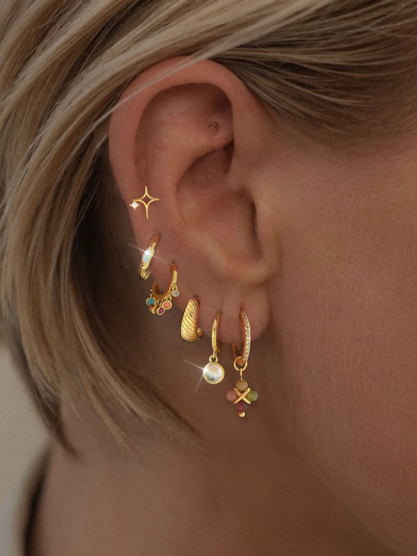 6 件/套优雅彩色方晶锆石吊坠耳环耳钉套装，简约优雅风格，适合女性约会、派对、日常佩戴 - 金黃色 - 查看 1