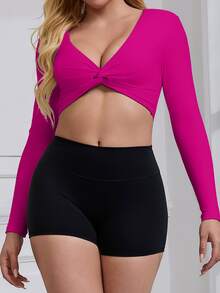 ATTRACO Sexy Long Sleeve Top, Deep V-Neck, Women's Yoga Sports Twist Knot Front Design Fitness Tank Top, Casual Sportswear - Hot Pink - View 6
