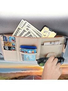 1pc Car Sun Visor Storage Bag, Leather Zippered Organizer Pouch, Multi-Function Card Holder, Suitable For Men And Women