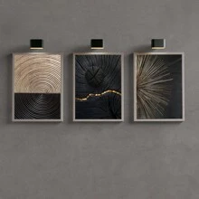 Juego de 3 obras de arte de pared sin marco modernas de árbol de anillos en espiral de color negro, dorado y marrón con textura, pósteres de lienzo natural, pintura artística como regalo, cuadros para decoración de sala de estar, dormitorio, comedor, pasillo, hogar y dormitorio