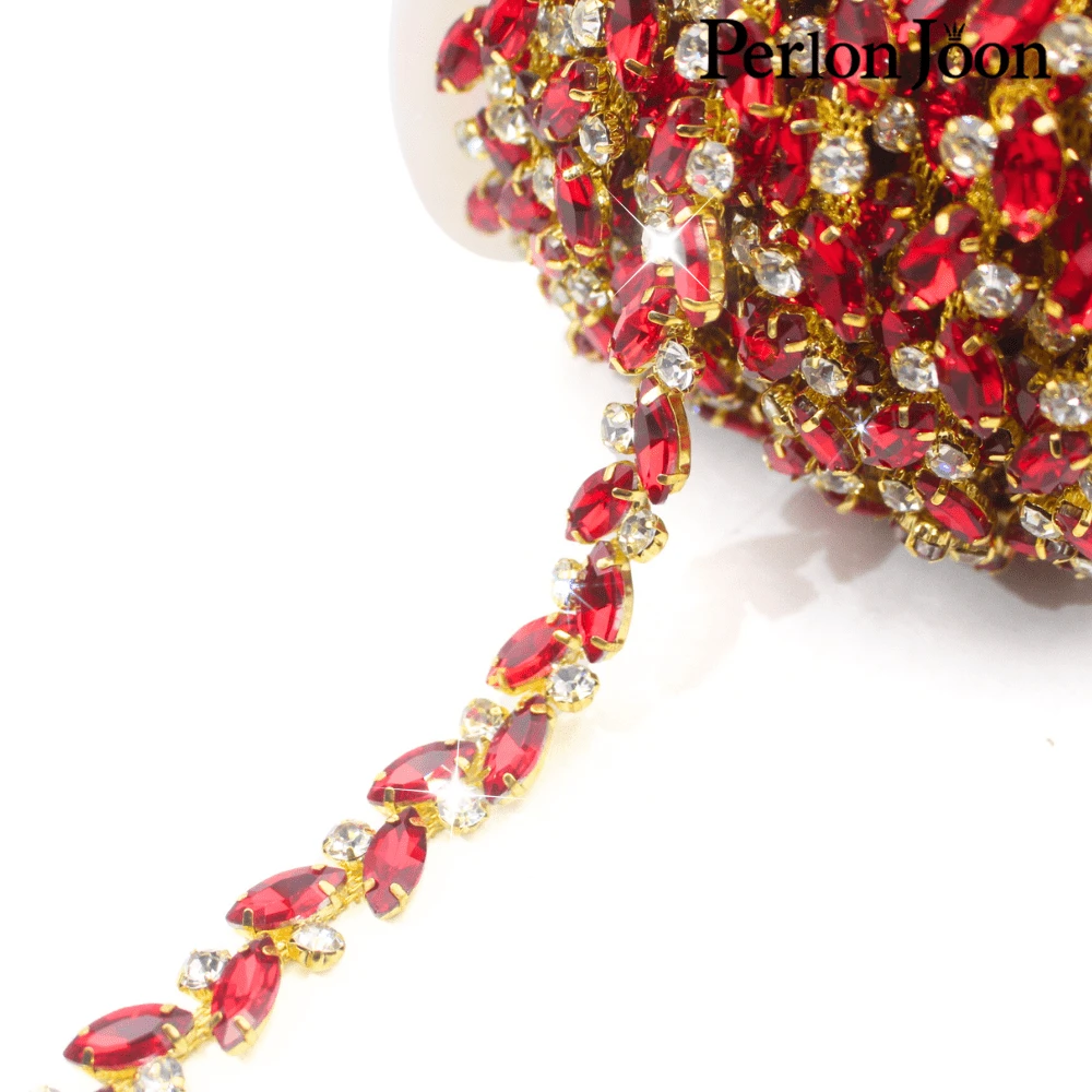 Perlon Joon Rantai Kristal Kaca Bening Berbentuk Daun Sepanjang 1 Yard, Dekorasi Trim Kristal Warna Perak untuk Aksesori Gaun Pengantin - Merah - View 1