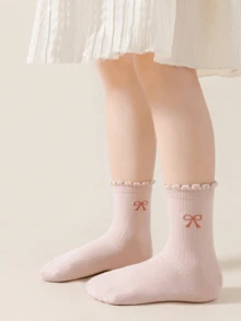 6 双混色儿童袜子，带蕾丝和蝴蝶结设计，百搭女童宝宝中筒袜，适合四季日常穿着 - 彩色 - 查看 3