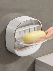 1 pièce Porte-savon mural sans trou de perçage, porte-savon mural moderne et minimaliste, convient pour lavabo et douche, boîte à savon autonettoyante, bordure dorée élégante, installation facile sans outils, prolonge la durée de vie du savon, empêche les fuites de savon, en plastique ABS, idéal pour la maison et les hôtels. Décoration de salle de bain, décoration d'automne, décoration de rentrée scolaire - Multicolore - Voir 9