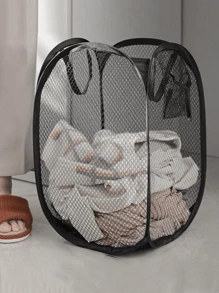 1 pieza Cesta de lavandería plegable en blanco y negro con asa y bolsillo lateral, gran capacidad, cesta de lavandería emergente con asa - Cesta de lavandería plegable de malla para almacenamiento de ropa sucia - Solución doméstica conveniente Útiles escolares Accesorios escolares Vuelta al colegio
