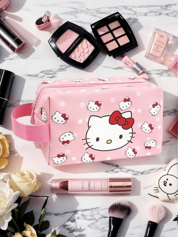 Sanrio 1/3 peças 21 * 12 * 10 cm bolsa de maquiagem de mão de couro PU à prova d'água e conveniente, bolsa de lavagem retangular com laço fofo da Hello Kitty (pó de flor de cerejeira), bolsa de armazenamento de cosméticos de viagem de verão, adequada para armazenamento de produtos de higiene pessoal de banheiro, penteadeira, armazenamento de ferramentas de beleza e armazenamento de papelaria para o ano letivo
