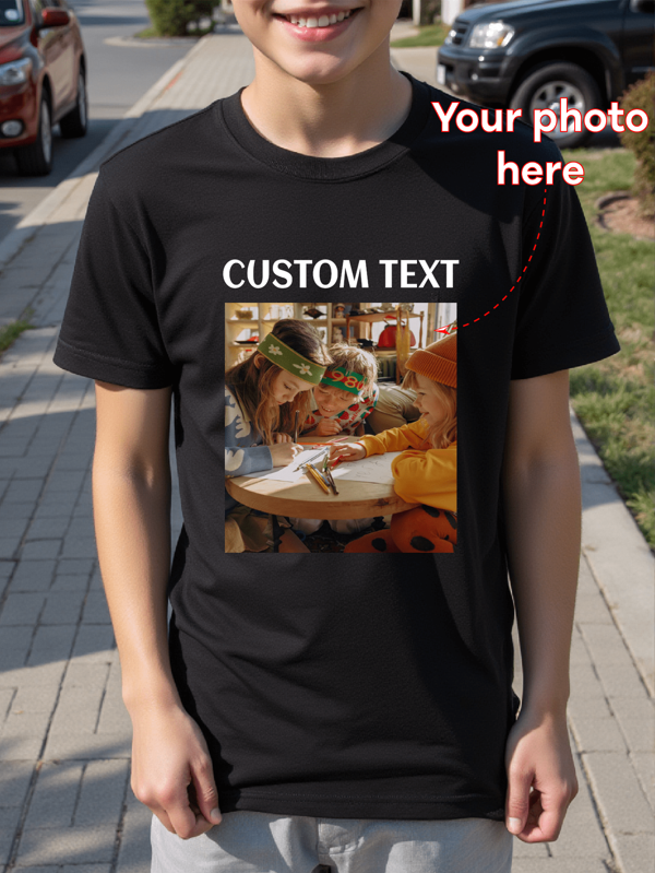 Customized Personalized Photo Printed T-Shirt For Boys, Custom Family/Pet/Selfie/Friend Picture, Team/Outdoor/School Uniform Personalized, Round Neck Short Sleeve Black Top For Little & Big Kids, Teens T-Shirt, Holiday Gift, Birthday Gift, Anniversary Gift, Culture Shirt, Party Favor, Summer Clothing, Summer Top, Summer Tee For Toddler, Little & Big Boy