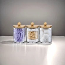 1/2/4pcs Round Plastic Makeup Organizer Containers With Wooden Lids, Bathroom Storage For Cotton Swabs, Makeup Pads, Puffs, Dental Floss